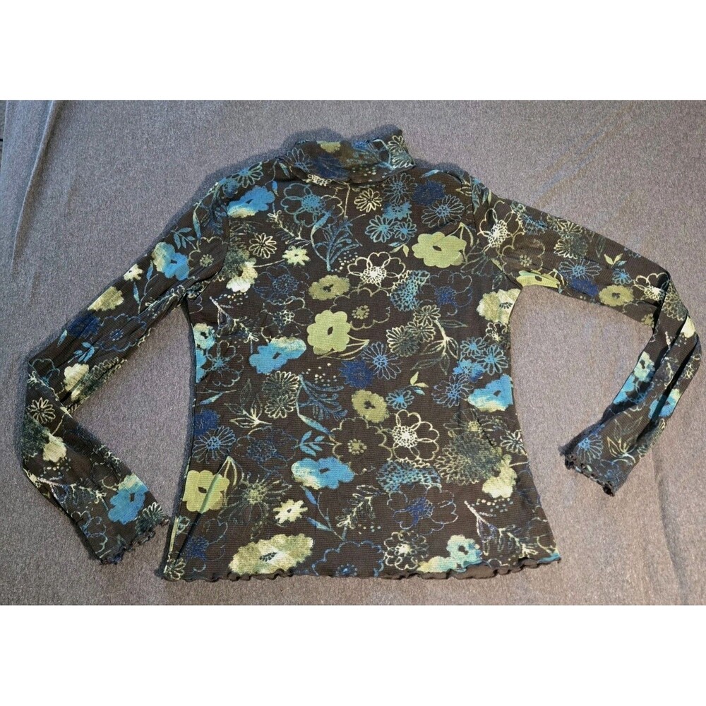 Sigrid Olsen Y2k Sheer black green Floral Top scallop neck & bottom lined Medium